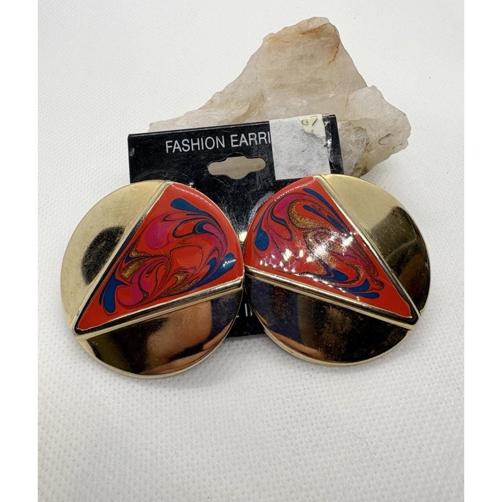 Vintage Gold Tone Red Swirl Enamel Statement Disc Earrings 80s 90s Hinged Retro‎